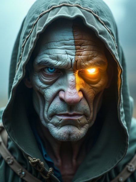 Лицо в тумане: загадочный взгляд и контрастные тени. Изображение из нейросети Flux.1