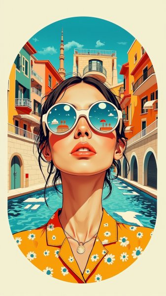 Яркий коллаж: взгляд сквозь солнце и краски города. Генерация из нейросети Flux.1