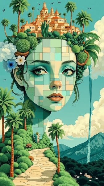 Сюрреалистический пейзаж: лицо из геометрических фигур и пальмы на вершине горы. Изображение из нейросети Flux Ai