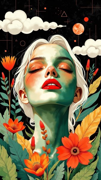 Лицо в зелени: цифровое искусство и тропические мотивы. Картинка из нейросети Flux