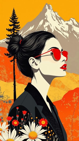 Загадочный портрет: женщина в красных очках и черном костюме на фоне текстур. Нейронная сеть Flux Ai