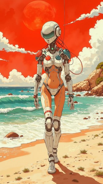 Девушка-робот на галактическом берегу под багряным солнцем. Изображение из нейросети Flux 1