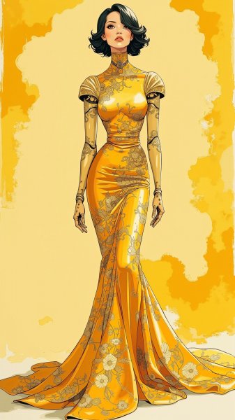 Элегантная андроид в золотом платье: ретро-шик и футуристичная сила. Картинка из нейронной сети Flux.1