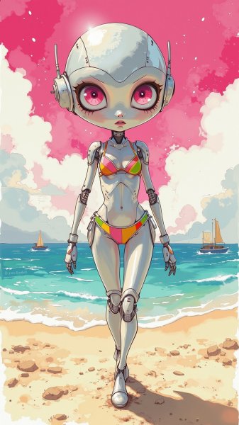 Робо-женщина на пляже в стиле сорарая. Нейросеть Flux.1