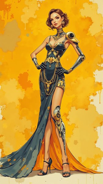 Элегантная киберженщина в народном стиле и хроме. Изображение из нейронной сети Flux.1