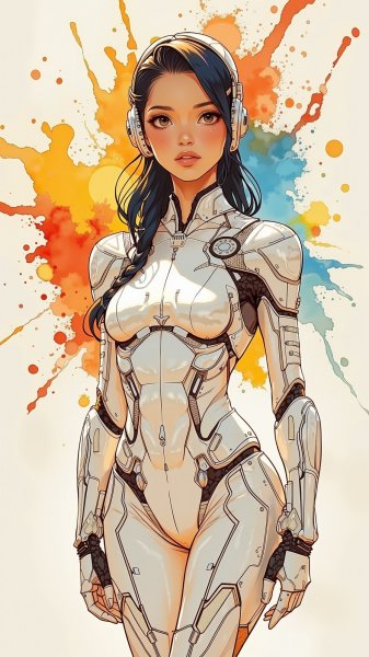 Футуристичная андроида в стиле ретрофутуризма восьмидесятых годов. Генерация из нейронной сети Flux