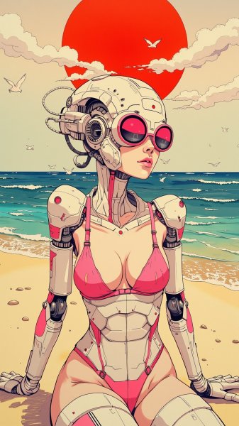 Механическая мечта под красным солнцем: наивное искусство и футуристический берег. Генерация из нейронной сети Flux 1