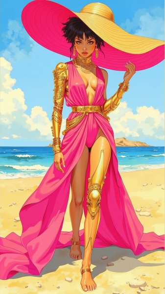 Киберженщина на пляже: максимализм в розово-золотых тонах. Нейронная сеть Flux