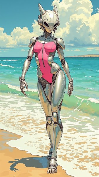 Кибернетическая воительница в розовом купальнике и шлеме. Нейронная сеть Flux Ai