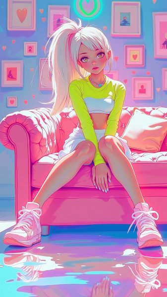 Нежная блондинка в неоновом сиянии: атмосфера спокойствия и стиля. Нейросеть Flux.1