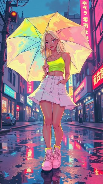 Неоновая красотка с пастельным зонтом на оживленной улице. Генерация из нейронной сети Flux