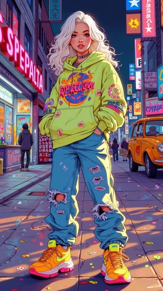 Неоновая красотка: стиль и уверенность на улицах большого города. Картинка из нейросети Flux