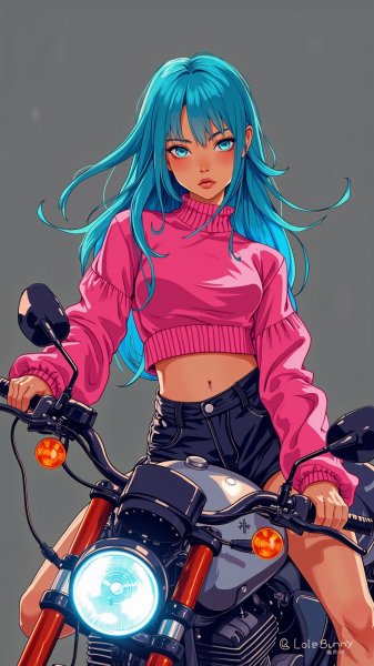 Неоновая девушка на мотоцикле: мрачный взгляд и яркий стиль. Картинка из нейросети Flux