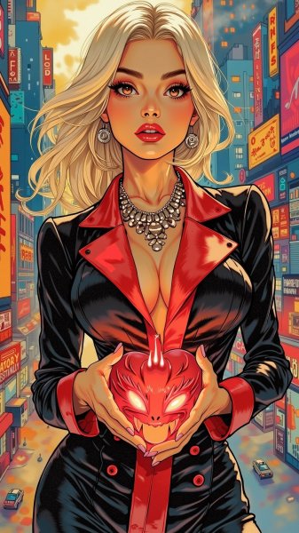 Романтика и тайна: соблазнительный образ в огненном городе. Картинка из нейронной сети Flux 1