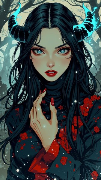 Таинственная демоница в сумрачном лесу с мерцанием огней. Нейронная сеть Flux