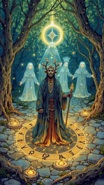 Загадочный шаман в каменном круге древних рун и духов природы. Генерация из нейросети Flux Ai