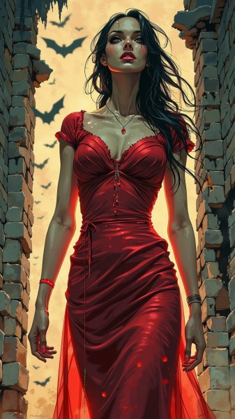 Загадочная вампирша в красном: тайна старинного замка и мерцание рубиновых глаз. Генерация из нейросети Flux 1