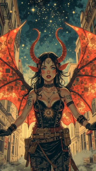 Суккуб с крыльями ночного неба: мистика древних граффити и ярких красок. Нейросеть Flux 1