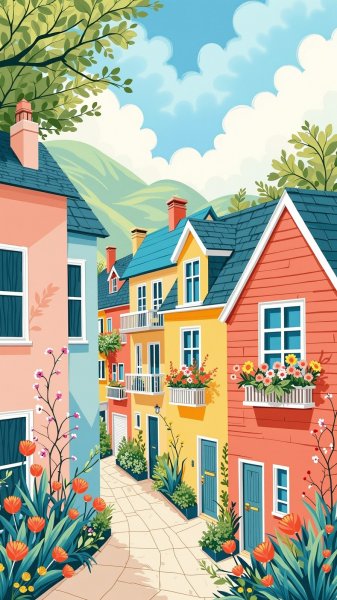 Пастольная деревня: весеннее настроение в гуашевой иллюстрации. Генерация из нейронной сети Flux 1