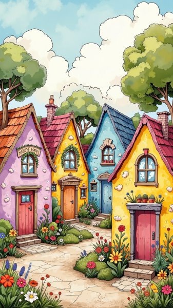 Сказочные домики в наивном стиле и красочном пейзаже. Нейронная сеть Flux