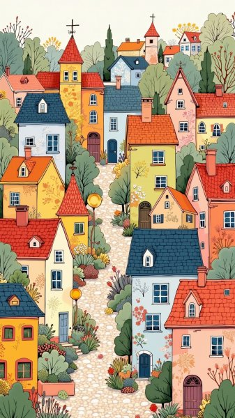 Очаровательный городок в стиле зентангл: уютные дома и причудливые тропинки. Изображение из нейросети Flux.1