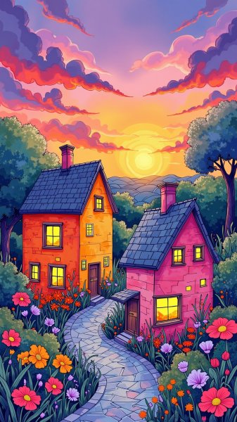 Заколдованный мир сказочных домов под пурпурным закатом. Картинка из нейронной сети Flux 1