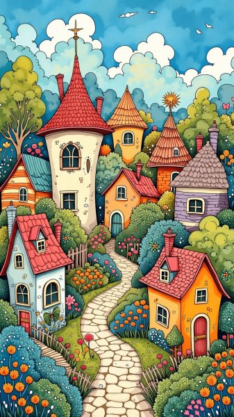 Сказочная деревня в стиле Zentangle: радость и вдохновение. Картинка из нейронной сети Flux.1