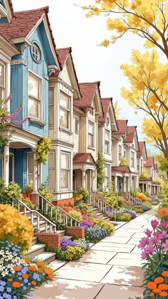 Уютная улочка в стиле коттеджкор: акварельная иллюстрация весеннего настроения. Генерация из нейросети Flux Ai