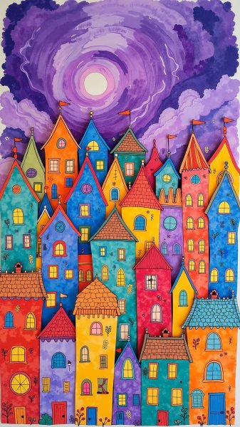 Яркий город в стиле гуаши: причудливые здания под фиолетовым небом. Нейронная сеть Flux.1