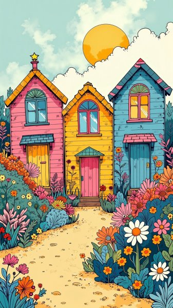 Весёлые домики на берегу моря в стиле наивного искусства и яркие цветы. Картинка из нейронной сети Flux.1
