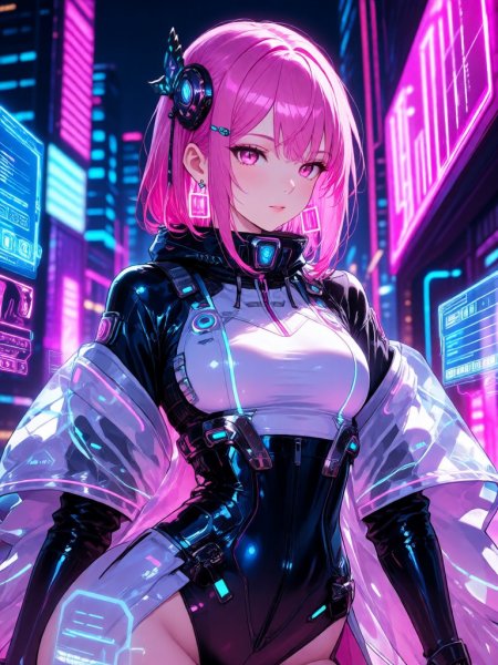 Яркая девушка в стиле киберпанк: неоновое будущее и цифровой город. Генерация из нейросети QWEN