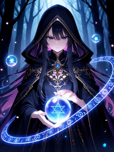 Некромантка в темном лесу: магия кристального шара и тайные символы. Нейросеть Qwen Ai Images
