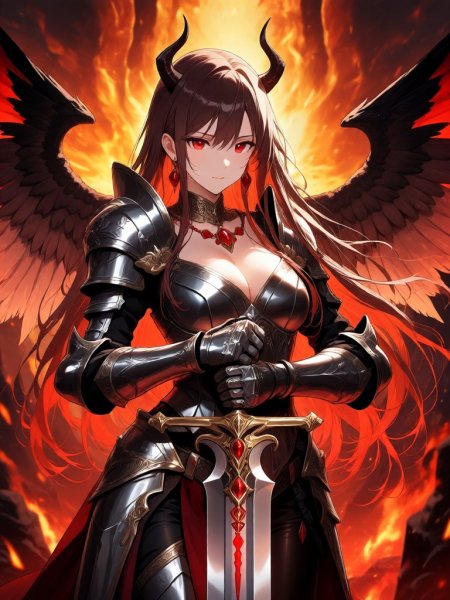 Воительница между небом и адом: иллюстрация в стиле аниме с крыльями и мечом. Нейросеть Qwen Images