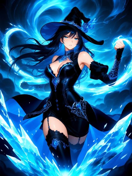 Магическая сила льда и бури: чарующая колдунья в синем зареве. Изображение из нейронной сети Qwen