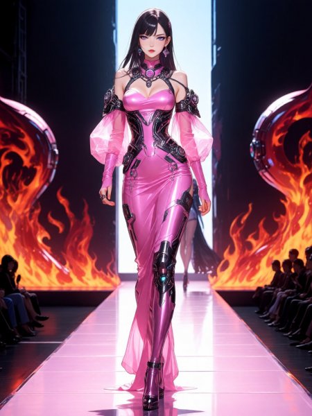 Модная красотка на подиуме ада в розовом платье. Генерация из нейронной сети Qwen Images