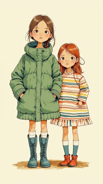 Девочки в зелёном и полосках: минималистичный рисунок акварелью. Нейросеть Flux