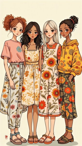 Четыре девушки в цветочных мотивах и простом стиле. Нейросеть Flux 1