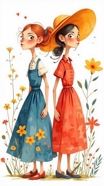Две девочки в ярких платьях: фольклорный взгляд на детство и дружбу. Генерация из нейронной сети Flux