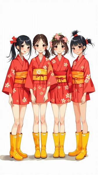 Девушки в кимоно и резиновых сапогах: наивный взгляд на красоту. Изображение из нейросети Flux Ai