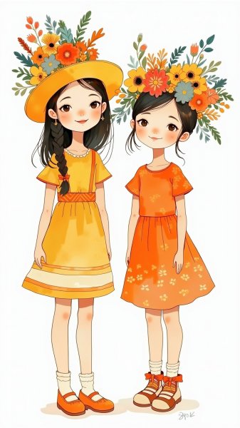 Две улыбчивые девочки в ярких нарядах и цветочном головном уборе против белого фона. Нейросеть Flux 1