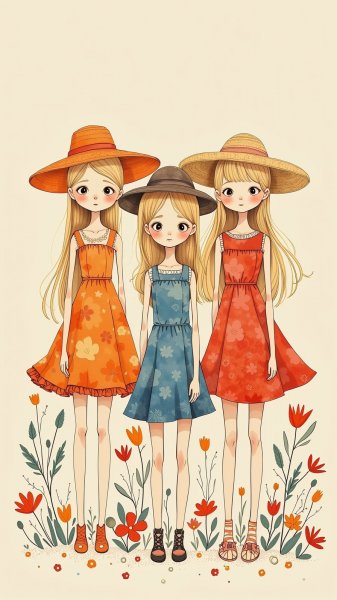 Девочки в цветах: милый рисунок с простыми формами и наивностью. Генерация из нейронной сети Flux 1