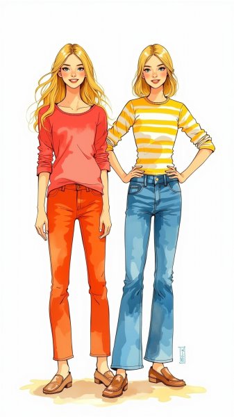 Две девушки в джинсах и ярких топах смотрят на зрителя. Генерация из нейросети Flux Ai