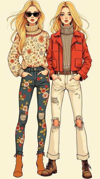 Две модницы в джинсовой вышивке и ярких куртках смотрят на зрителя. Картинка из нейросети Flux.1