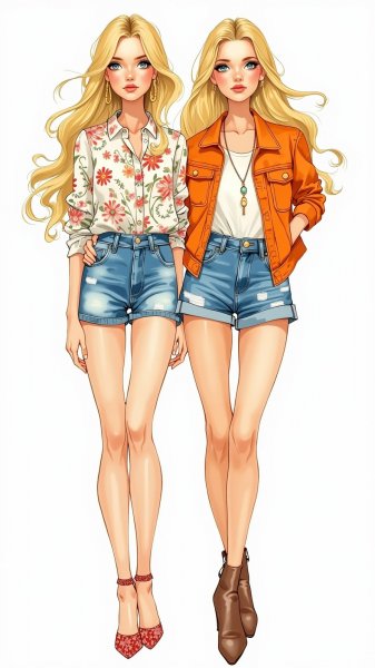 Две подруги в джинсе и ярких тонах: летнее настроение на белом фоне. Нейронная сеть Flux 1