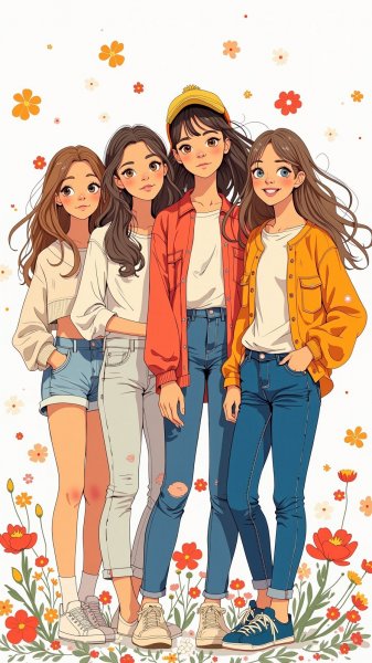 Четыре девушки: весеннее настроение и нежные цветы. Картинка из нейросети Flux 1