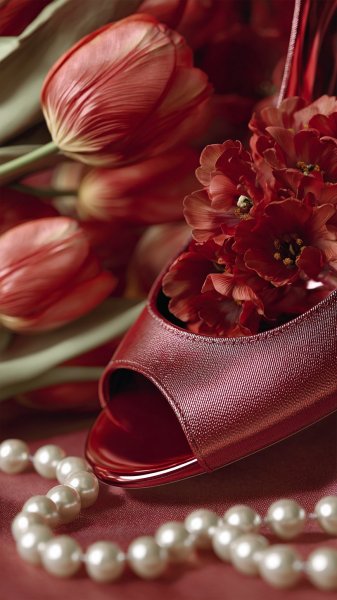 Элегантность и нежность: туфелька, цветы и сердце из бусин. Картинка из нейросети Midjourney