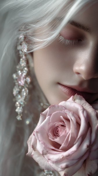 Нежность и красота в каждом штрихе: портрет с розой и длинными волосами. Генерация из нейронной сети Midjourney