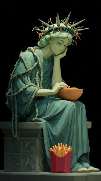 Свобода и суп: современная иллюстрация культовой статуи. Картинка из нейросети Midjourney