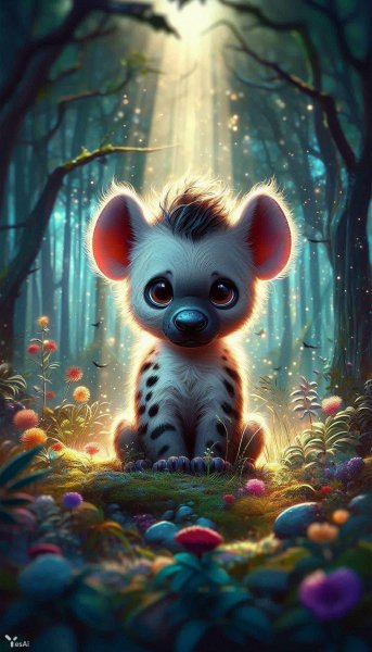 Милый детеныш гиены в волшебном лесу: яркое цифровое искусство. Генерация из нейронной сети Dalle 3