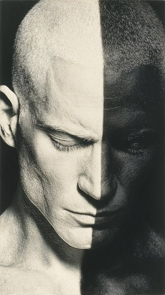 Двойственность личности: черно-белый портрет с контрастом. Картинка из нейросети Midjourney